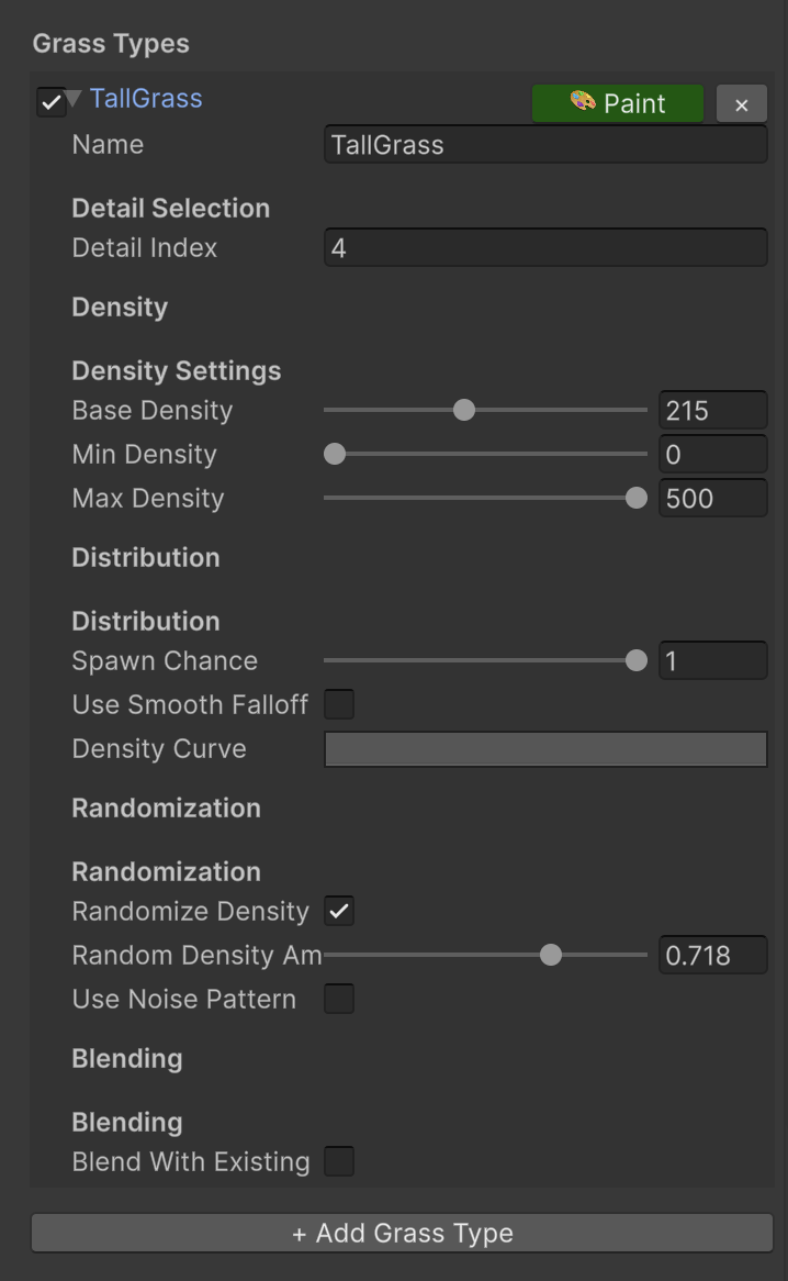 Script inspector showing grass configuration